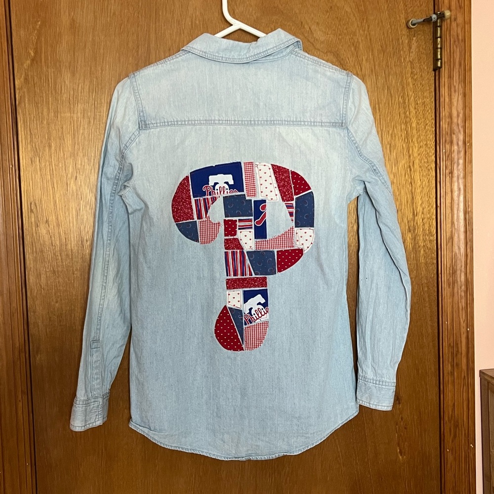 Upcycled Phillies denim shacket button up shirt